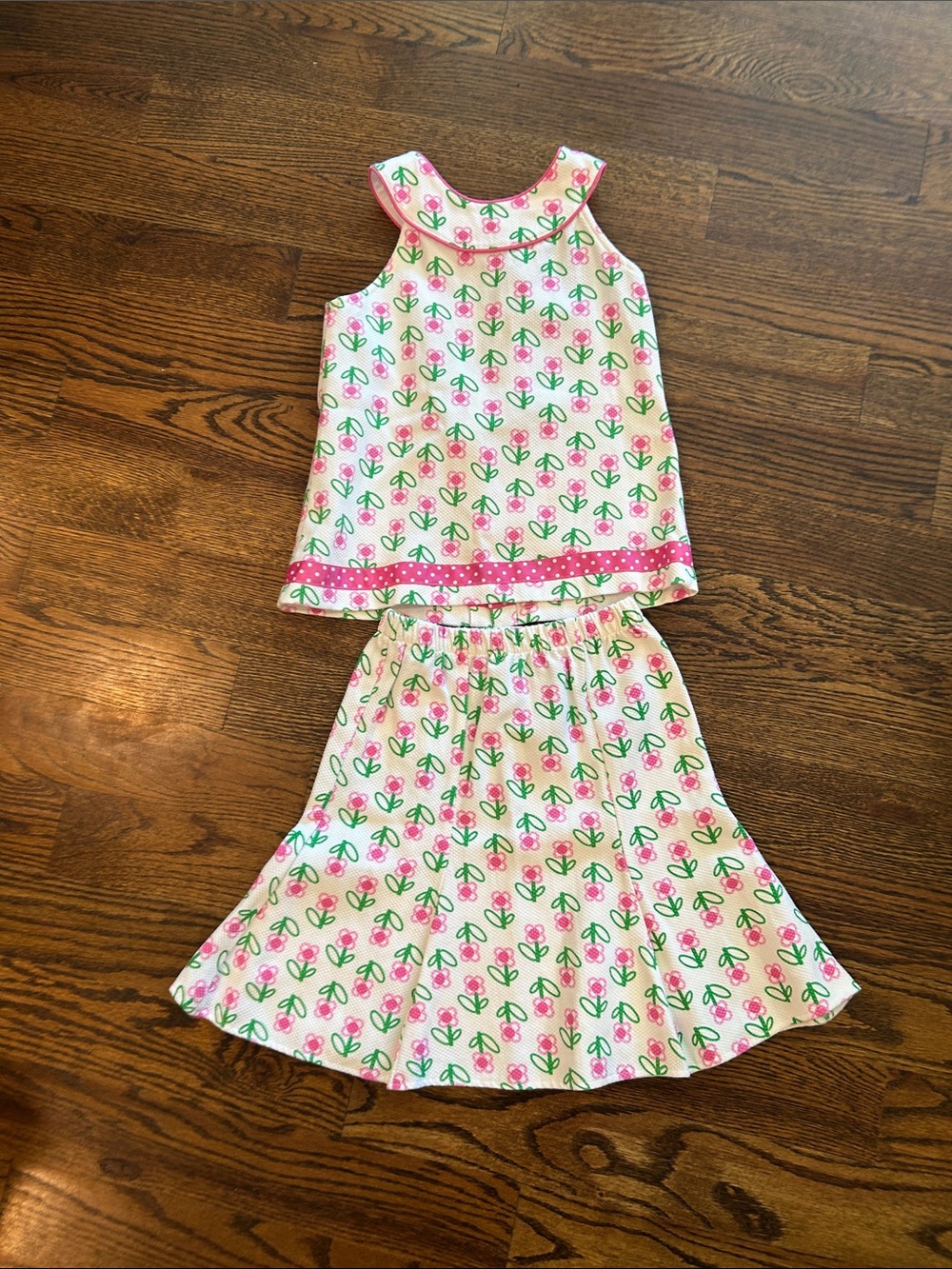 Girls Two-Piece Pink & Green Floral Tank and Skirt Set